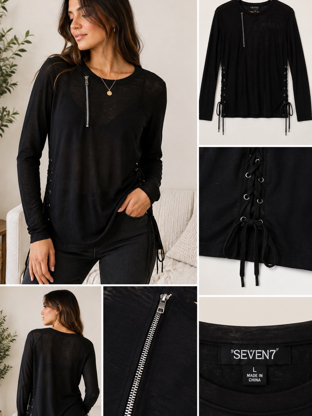 Seven7 Black Sheer Long Sleeve Top Lace-Up Side Detail L